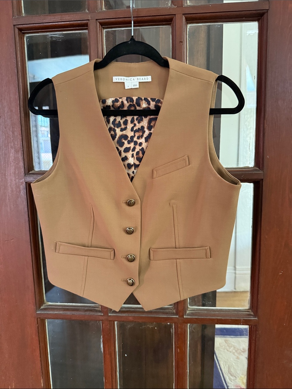 Veronica Beard Camel Tan Tailored Vest with Leopard Lining